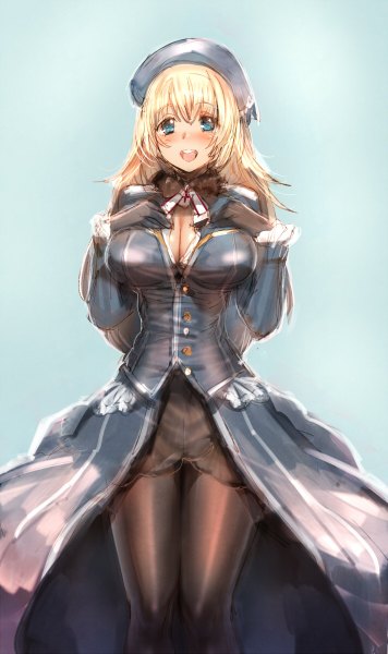Anime picture 712x1200 with kantai collection atago heavy cruiser bow (bhp) single long hair tall image looking at viewer breasts open mouth blue eyes simple background blonde hair large breasts cleavage girl dress gloves hat pantyhose black gloves
