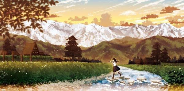 Anime picture 1667x827 with amemura single long hair brown hair wide image sky cloud (clouds) spread arms mountain scenic river nature running girl uniform plant (plants) school uniform animal tree (trees) water