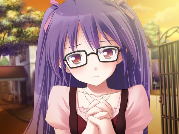 Anime picture 1024x768 with hiyoko strike! (game) maiyora ririno yasuyuki long hair red eyes game cg purple hair face girl glasses