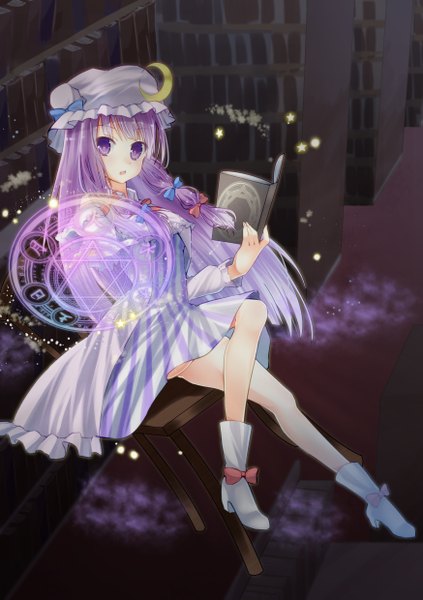 Anime picture 1748x2480 with touhou patchouli knowledge tika (mika4975) single long hair tall image looking at viewer blush highres open mouth sitting purple eyes purple hair magic floor pentagram girl bow hair bow star (symbol)