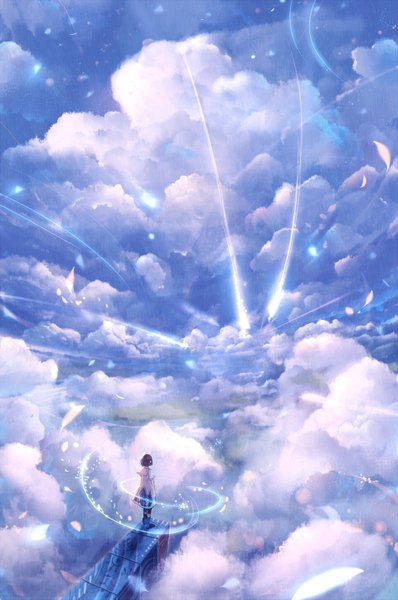 Anime picture 960x1447 with original bounin single tall image short hair black hair standing sky cloud (clouds) wind from behind girl cape