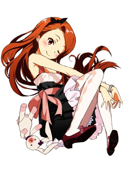 Anime picture 700x980 with idolmaster minase iori mohya (artist) single long hair tall image looking at viewer blush simple background smile red eyes brown hair white background bare shoulders one eye closed wink rhombus girl dress ribbon (ribbons)