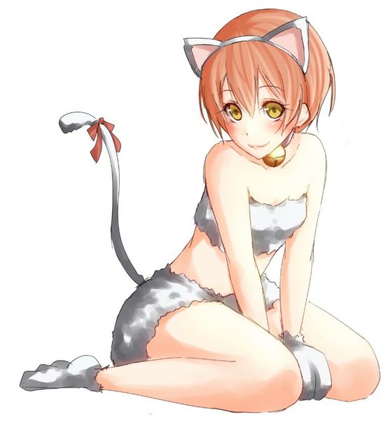 Anime picture 769x832 with love live! school idol project sunrise (studio) love live! hoshizora rin noppi (noppi 98) single tall image looking at viewer blush short hair smile bare shoulders animal ears yellow eyes full body tail animal tail cat ears orange hair cat girl