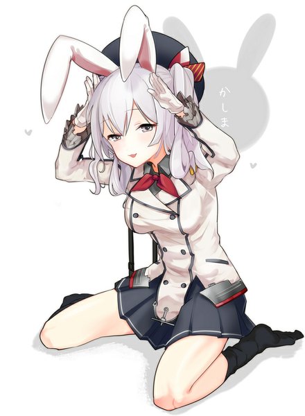 Anime picture 700x955 with kantai collection kashima training cruiser chanhimo single long hair tall image blush fringe simple background white background sitting twintails animal ears looking away silver hair parted lips bare legs shadow bunny ears text