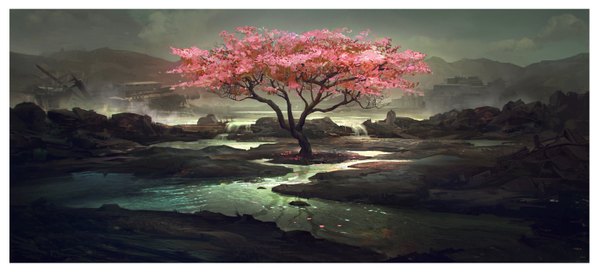 Anime picture 1535x696 with original mitchell mohrhauser (artist) wide image shadow cherry blossoms no people river ruins flower (flowers) plant (plants) petals tree (trees)
