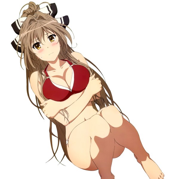 Anime picture 3921x4086 with amagi brilliant park kyoto animation sento isuzu single long hair tall image blush highres breasts light erotic simple background brown hair white background brown eyes absurdres cleavage ponytail scan embarrassed breast hold