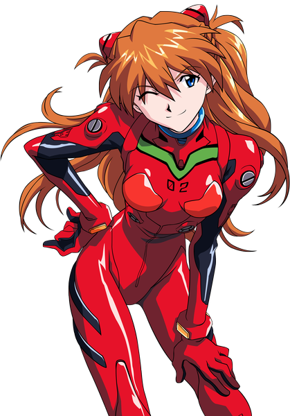Anime picture 2792x4000 with neon genesis evangelion gainax soryu asuka langley maxxyne single long hair tall image highres blue eyes smile one eye closed wink orange hair hand on hip transparent background vector girl pilot suit