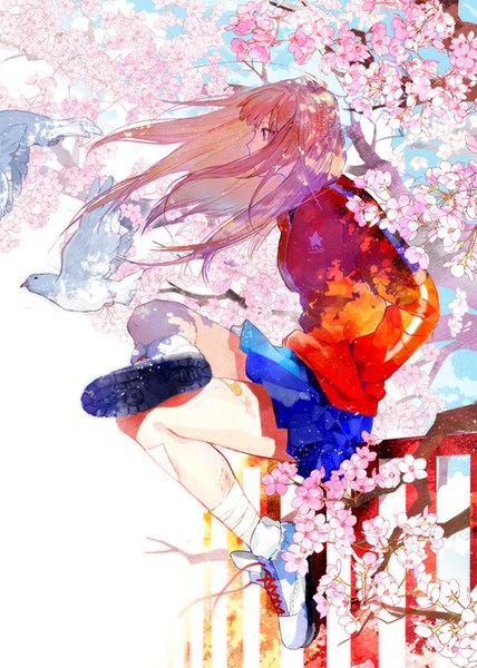 Anime picture 600x840 with original gomosawa long hair tall image fringe blonde hair sitting brown eyes looking away sky full body bent knee (knees) pleated skirt wind shadow cherry blossoms soles hands in pockets spring girl