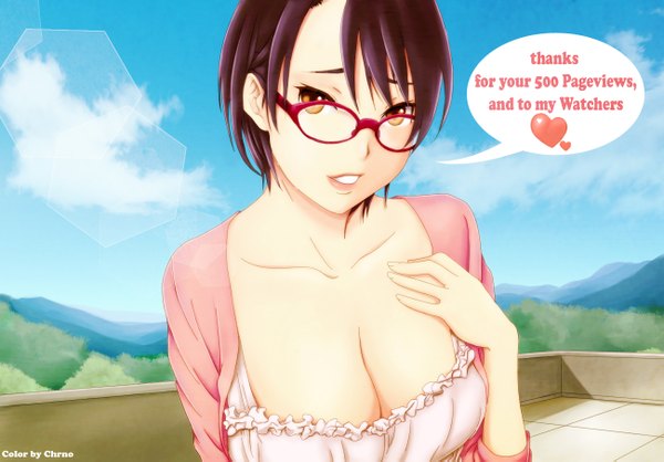 Anime picture 1300x907 with seishun pop! (manga) kojima ayano lchrno single looking at viewer short hair breasts light erotic black hair large breasts sky cloud (clouds) orange eyes girl glasses