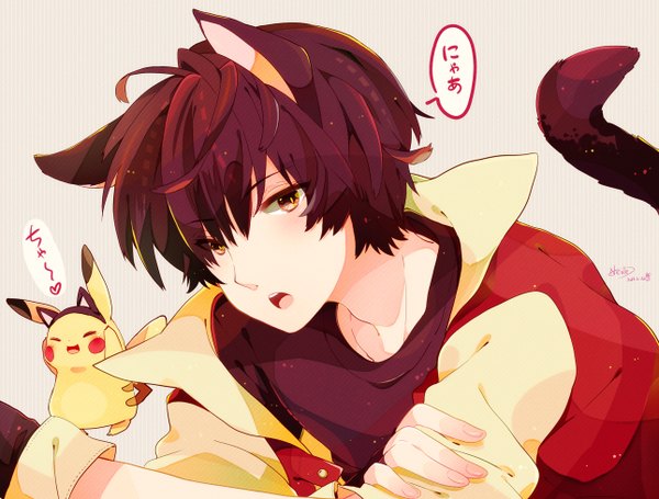Anime picture 1290x980 with pokemon nintendo pikachu red (pokemon) nicole (usako) looking at viewer blush short hair open mouth black hair brown eyes animal ears tail lying animal tail cat ears grey background cat tail striped gen 1 pokemon