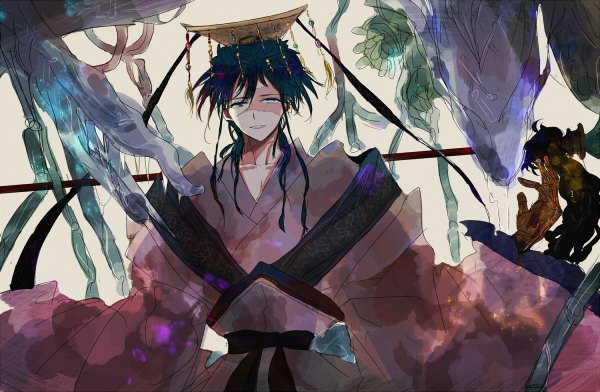 Anime picture 1200x784 with magi the labyrinth of magic a-1 pictures ren hakuryuu 5shinsi single looking at viewer short hair open mouth blue eyes black hair traditional clothes light smile wide sleeves scar boy
