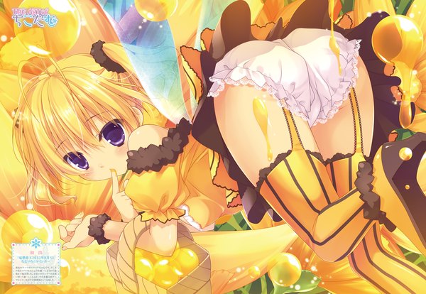 Anime picture 2782x1920 with chikotam single looking at viewer blush highres short hair light erotic blonde hair purple eyes ass finger to mouth girl thighhighs dress underwear panties wings striped thighhighs bubble (bubbles)