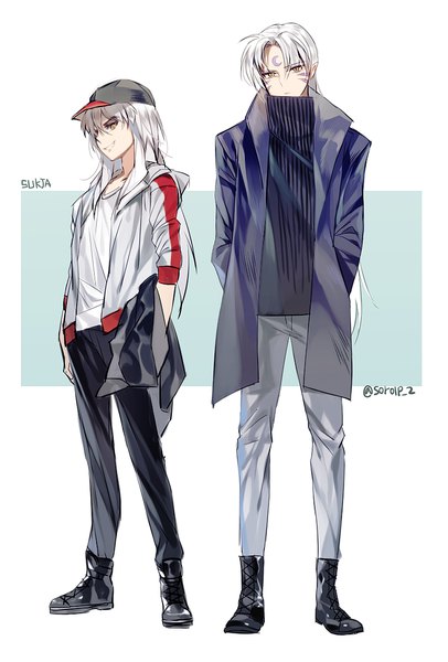 Anime picture 787x1162 with inuyasha sesshomaru inuyasha (character) sorolp long hair tall image simple background smile standing signed full body white hair long sleeves pointy ears open clothes open jacket multiple boys facial mark lacing forehead mark