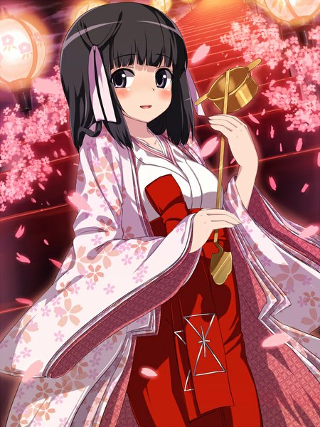 Anime picture 750x1000 with kami nomi zo shiru sekai shiomiya shiori wataru (zazazazazazawa) single tall image looking at viewer blush short hair open mouth black hair traditional clothes black eyes miko girl flower (flowers) ribbon (ribbons) hair ribbon petals