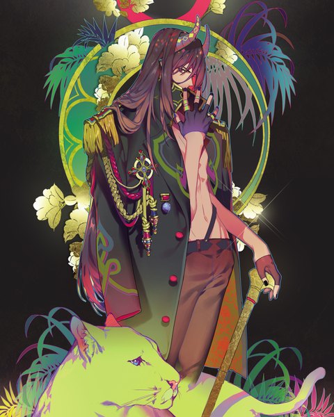 Anime picture 780x974 with original totolove1004 single long hair tall image looking at viewer red eyes brown hair standing nail polish profile horn (horns) open jacket bare belly finger to mouth black background dark background boy gloves navel