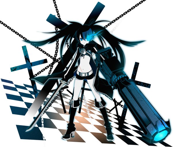 Anime picture 1844x1576 with black rock shooter black rock shooter (character) highres white background twintails glowing glowing eye (eyes) checkered floor girl sword gun chain cross bikini top