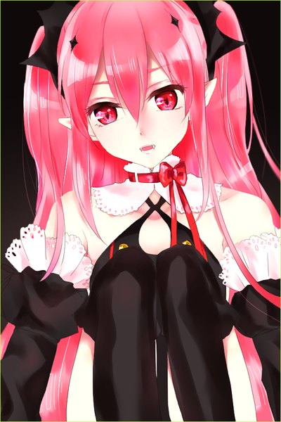 Anime picture 600x900 with owari no seraph wit studio kururu tepes mosuga single long hair tall image looking at viewer blush fringe open mouth simple background hair between eyes twintails bare shoulders looking away pink hair bent knee (knees) long sleeves parted lips