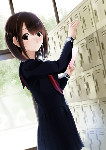 Anime picture 753x1063 with original kentaurosu single tall image looking at viewer blush short hair brown hair brown eyes pleated skirt sunlight girl skirt uniform school uniform serafuku window letter school love letter