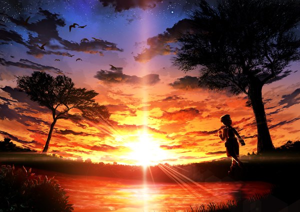 Anime picture 1800x1273 with original crep single highres sky cloud (clouds) sunlight evening sunset silhouette nature ambiguous gender plant (plants) animal tree (trees) bird (birds) sun child (children)