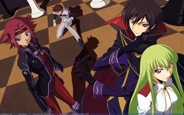 Anime picture 1920x1200 with code geass sunrise (studio) c.c. lelouch lamperouge kallen stadtfeld kururugi suzaku long hair looking at viewer fringe highres short hair blue eyes brown hair wide image standing purple eyes multiple girls brown eyes yellow eyes red hair