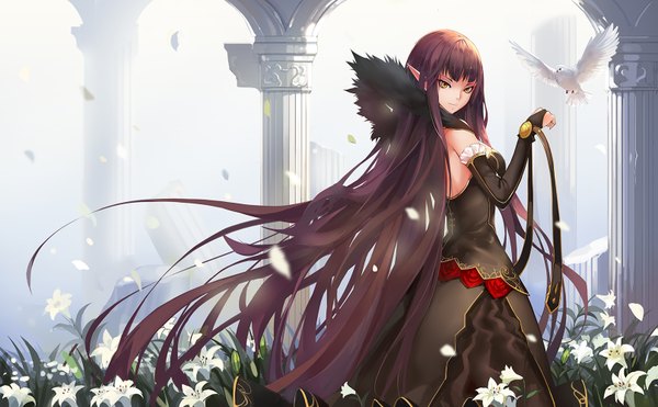 Anime picture 1614x1000 with fate (series) fate/apocrypha semiramis (fate) yuki (clydtc) single looking at viewer brown hair wide image yellow eyes very long hair looking back arm up pointy ears fur trim floating hair ruins girl dress flower (flowers) animal