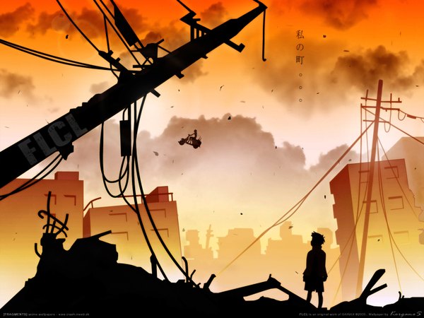 Anime picture 1600x1200 with flcl gainax haruhara haruko nandaba naota sky wallpaper city cityscape flying vector silhouette wire (wires) motorcycle telephone pole