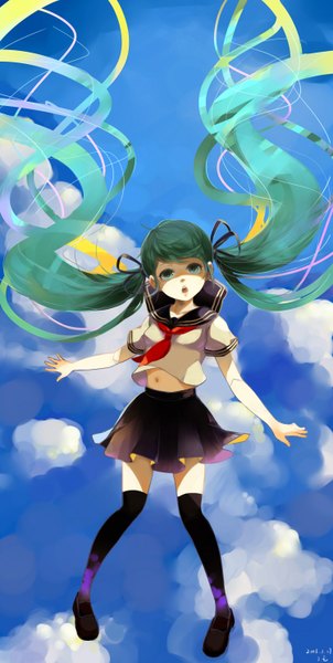 Anime picture 1500x2976 with vocaloid hatsune miku 3 non-patients (artist) tall image looking at viewer open mouth twintails cloud (clouds) very long hair aqua eyes aqua hair inscription flying alternate age girl thighhighs skirt uniform ribbon (ribbons) black thighhighs