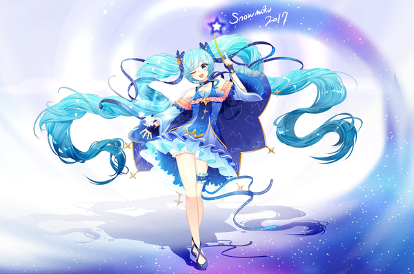 Anime picture 3322x2199 with vocaloid star night snow (vocaloid) hatsune miku yuki miku yuki miku (2017) lepoule single looking at viewer blush highres open mouth blue eyes twintails absurdres full body very long hair one eye closed arm up wink aqua hair