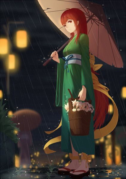 Anime picture 750x1063 with kevin kimi ganbatte tall image fringe red eyes standing multiple girls holding looking away ahoge outdoors red hair long sleeves very long hair traditional clothes japanese clothes blurry night wide sleeves from below night sky
