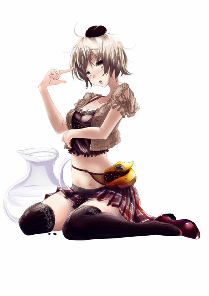 Anime picture 1200x1697 with original poker-face-008 single tall image blush short hair open mouth brown hair brown eyes midriff girl thighhighs navel black thighhighs miniskirt bag