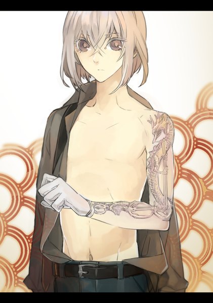 Anime picture 673x959 with touken ranbu nitroplus honebami toushirou tobacco (tabakokobata) single tall image fringe short hair hair between eyes looking away grey hair off shoulder grey eyes tattoo open shirt groin letterboxed boy gloves navel