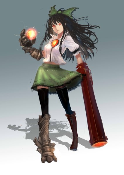 Anime picture 2480x3507 with touhou reiuji utsuho sola7764 single long hair tall image highres black hair simple background red eyes looking away grey background shadow magic girl thighhighs bow weapon hair bow armor