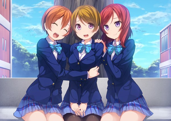 Anime picture 1000x707 with love live! school idol project sunrise (studio) love live! nishikino maki hoshizora rin koizumi hanayo siva (executor) short hair open mouth blonde hair smile purple eyes multiple girls red hair eyes closed orange hair girl skirt uniform school uniform