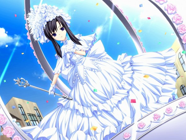 Anime picture 1024x768 with blaze angel eleanor (game) long hair black hair purple eyes game cg girl dress white dress