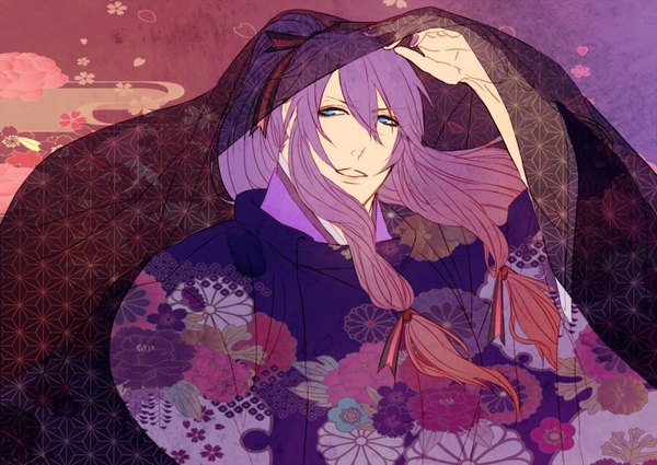 Anime picture 1500x1064 with vocaloid kamui gakupo amane0623 single long hair blue eyes looking away purple hair ponytail nail polish traditional clothes japanese clothes boy
