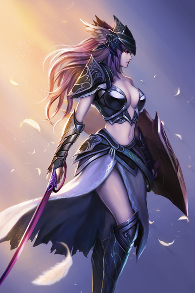 Anime picture 2157x3236 with original chaosringen single long hair tall image highres breasts red eyes purple hair profile sunlight realistic midriff sunbeam valkyrie girl navel weapon sword armor