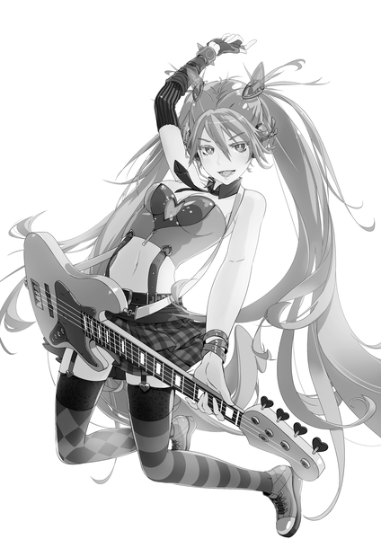 Anime picture 2480x3507 with vocaloid hatsune miku dr single tall image fringe highres open mouth simple background white background twintails bare shoulders bent knee (knees) very long hair pleated skirt bare belly monochrome plaid skirt arched back jumping