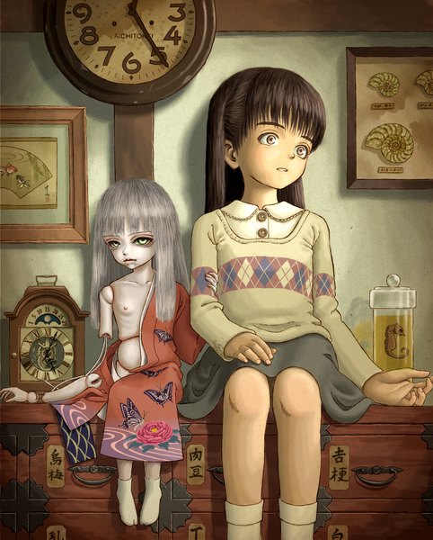 Anime picture 1528x1900 with original skyape long hair tall image brown hair sitting grey hair girl socks white socks clock child (children) picture doll (dolls) android wall clock pendulum clock