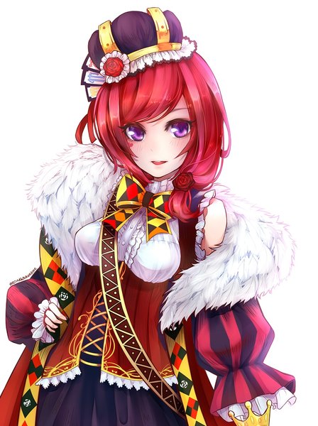 Anime picture 855x1145 with love live! school idol project sunrise (studio) love live! nishikino maki mst1ng single long hair tall image looking at viewer blush fringe breasts simple background white background purple eyes red hair girl bow fur clothes