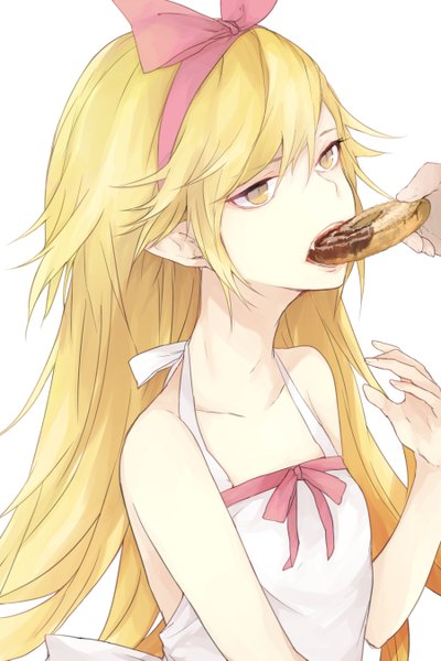 Anime picture 900x1351 with bakemonogatari shaft (studio) monogatari (series) oshino shinobu hasuno long hair tall image fringe blonde hair simple background white background yellow eyes pointy ears fang (fangs) sleeveless eating feeding girl food hairband