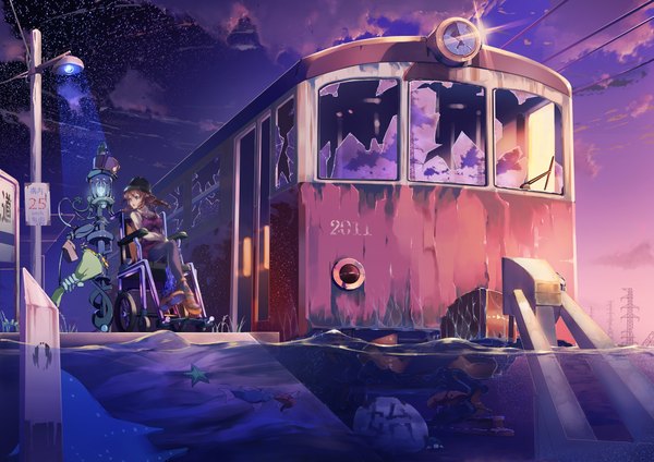 Anime picture 2000x1414 with original inz (pixiv) highres brown hair sky cloud (clouds) braid (braids) night twin braids scenic ruins destruction post-apocalyptic girl hat water star (stars) fish (fishes) lantern robot