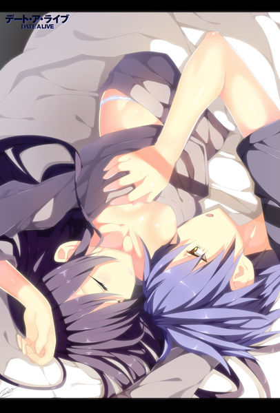 Anime picture 1500x2213 with date a live tokisaki kurumi itsuka shidou tempestdh long hair tall image short hair breasts open mouth light erotic black hair brown eyes blue hair eyes closed sunlight couple coloring breast grab sleeping girl