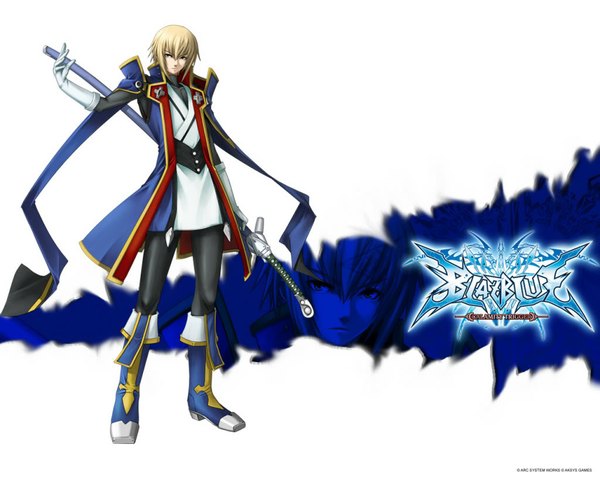 Anime picture 1024x819 with blazblue jin kisaragi katou yuuki mori toshimichi single short hair blonde hair simple background white background green eyes wallpaper boy gloves weapon sword