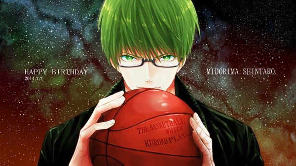 Anime picture 1815x1021 with kuroko no basket production i.g midorima shintarou keme toya single looking at viewer fringe highres short hair wide image green eyes upper body green hair light smile night night sky character names text dated english