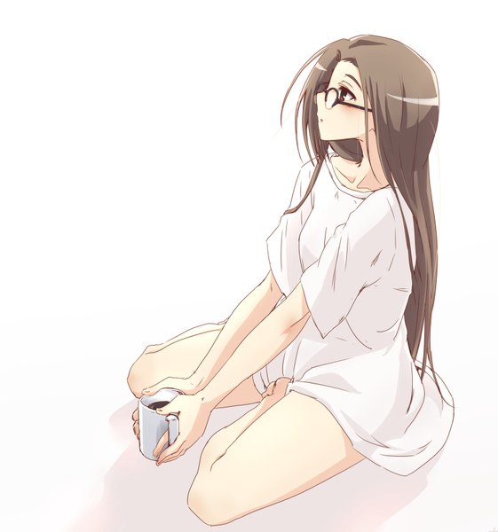 Anime picture 1621x1733 with kami nomi zo shiru sekai goidou yui nitta hiroto single long hair tall image blush simple background brown hair white background sitting brown eyes looking away ahoge bent knee (knees) parted lips profile barefoot bare legs :o