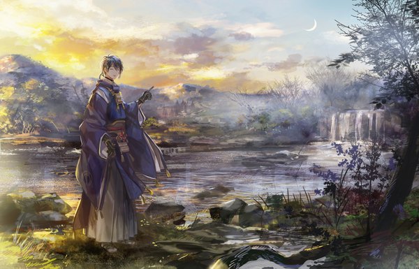 Anime picture 1400x899 with touken ranbu nitroplus mikazuki munechika 38ban single fringe short hair standing signed sky outdoors eyes closed traditional clothes japanese clothes wide sleeves mountain waterfall fog lake boy