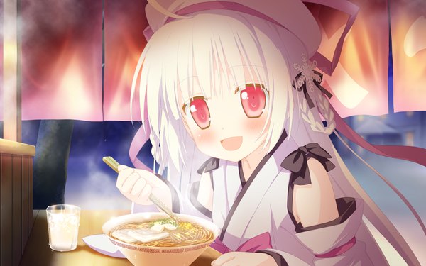 Anime picture 2048x1280 with astralair no shiroki towa yuuki (astralair no shiroki towa) single long hair looking at viewer blush highres open mouth game cg white hair pink eyes loli girl food beret noodles ramen