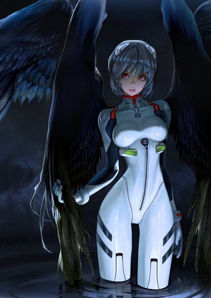 Anime picture 900x1270 with neon genesis evangelion gainax ayanami rei etama quomo tall image fringe short hair breasts red eyes large breasts standing looking away silver hair lips night partially submerged reflection smoke angel wings black wings