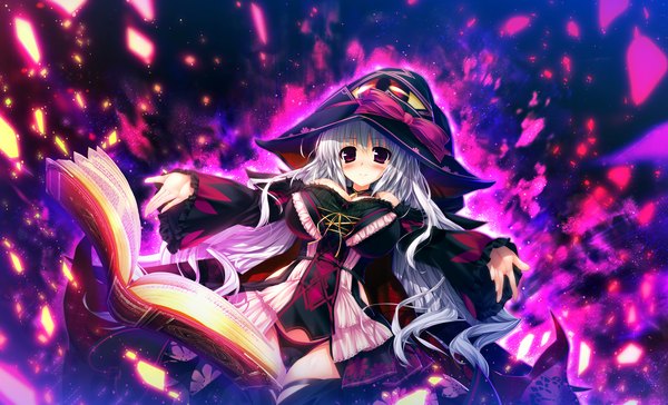 Anime picture 2803x1701 with sakigake generation! clochette kaido ririko oshiki hitoshi single long hair blush highres light erotic wide image purple eyes game cg white hair magic witch girl dress underwear panties hat