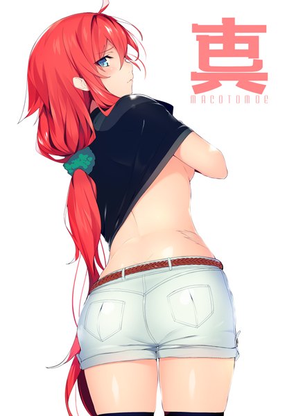 Anime picture 700x990 with original hiwatari makoto ryuji (ikeriu) single long hair tall image looking at viewer blush fringe breasts blue eyes light erotic simple background hair between eyes standing white background upper body ahoge ass red hair